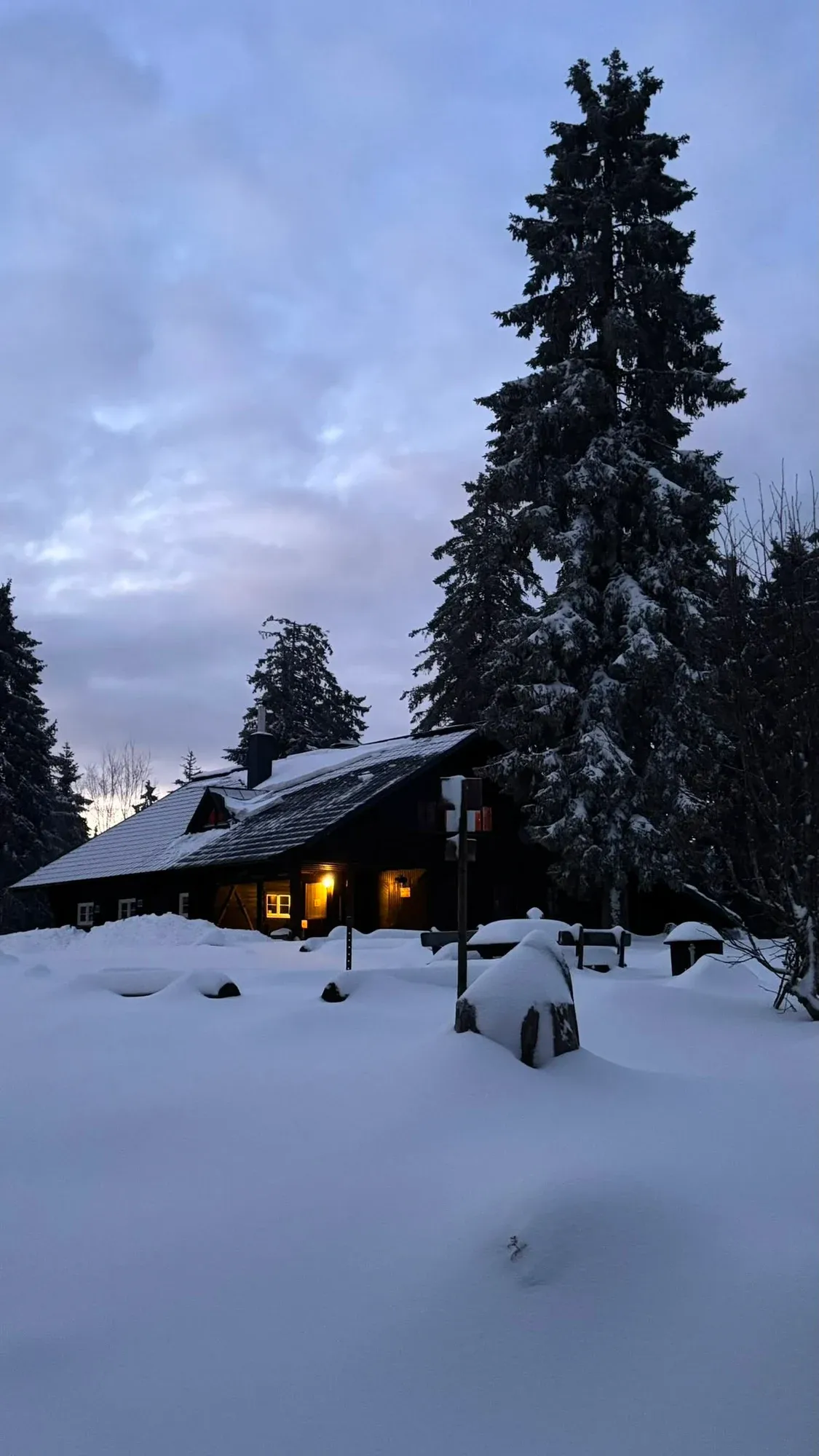 Beleuchtete Skihütte im verschneiten Wald bei einsetzender Dämmerung.